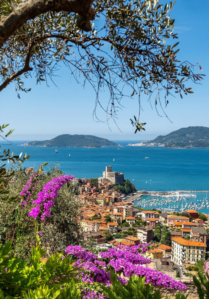 Lerici town and Portovenere or Porto Venere in the background with the Palmaria, Tino and Tinetto Island. In the Gulf of La Spezia, Liguria, Italy, Europe